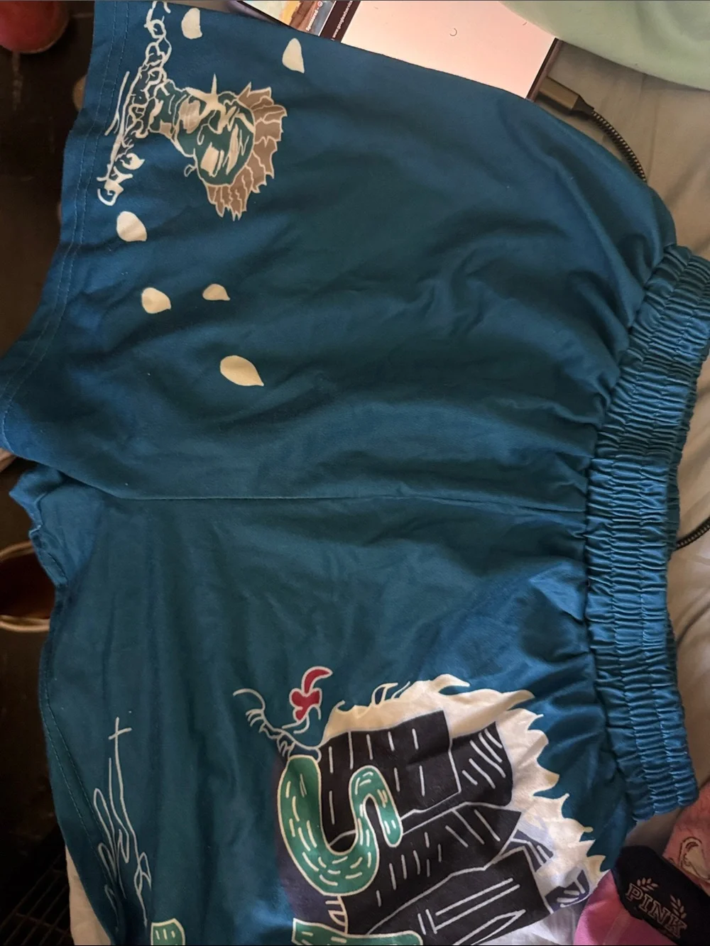 SHEIN Teal Graphic Elastic Waist Shorts with White and Green Accents